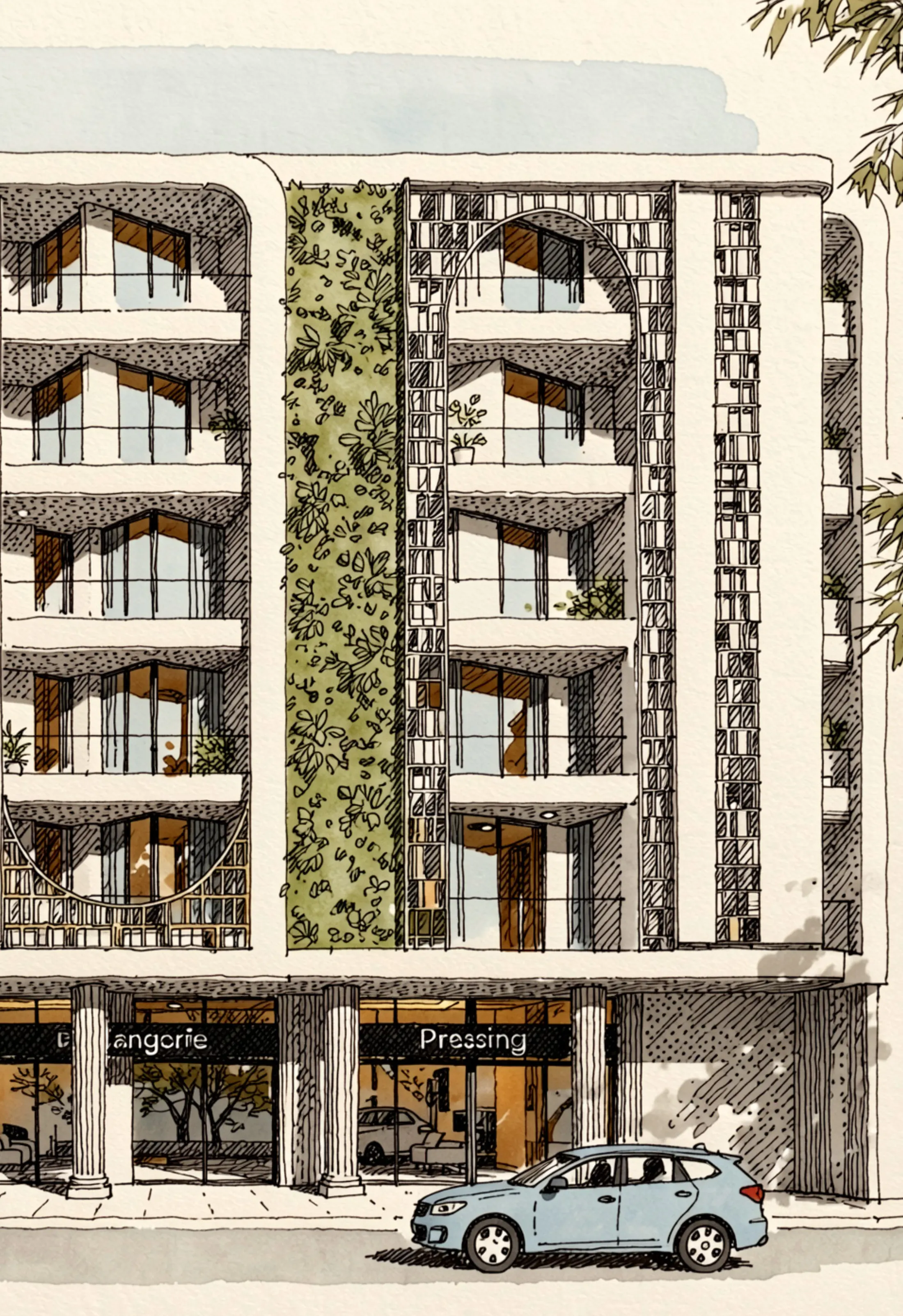 Esquisse aquarellée de la façade principale de Skyline Residences