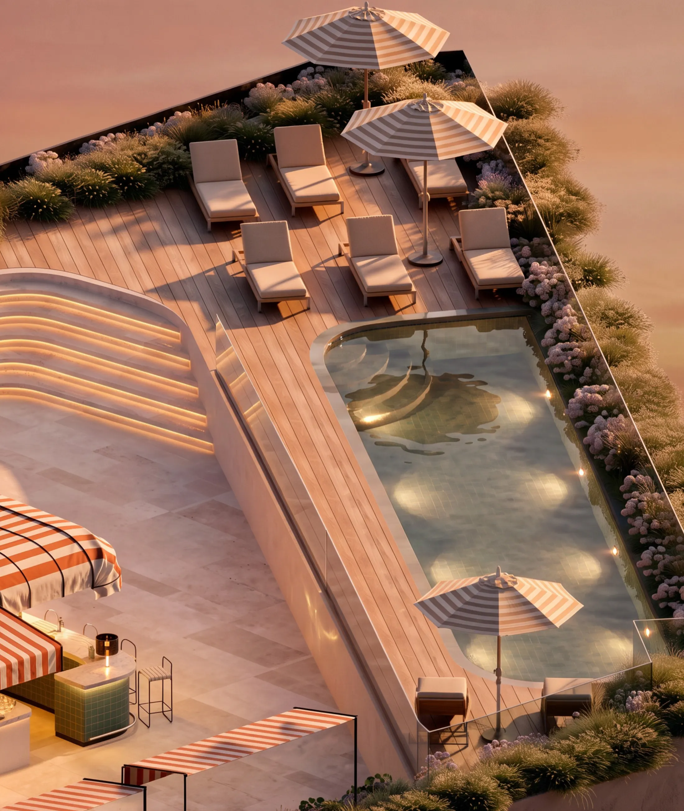 Piscine à débordement sur le toit de Skyline Residences, vue aérienne